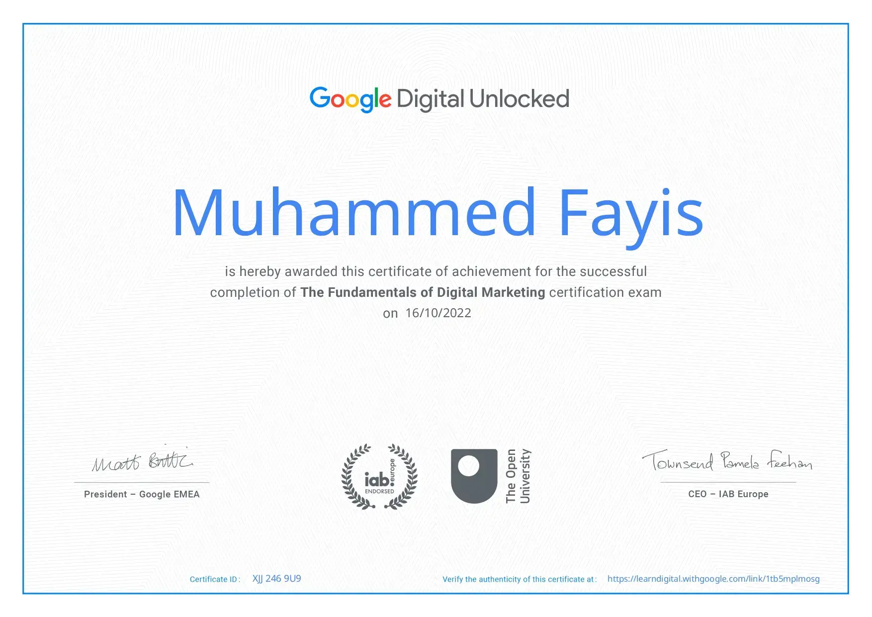 Fundamentals of Digital Marketing certificate by Google