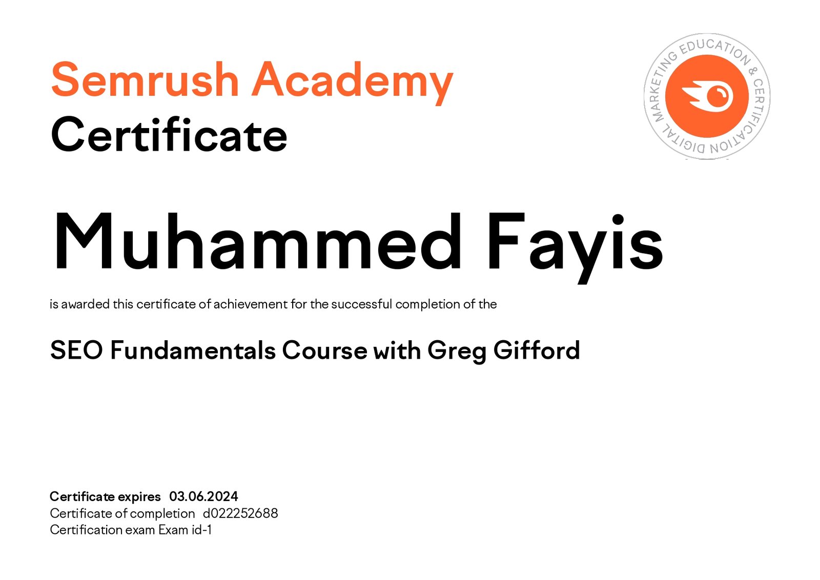 SEO Fundamentals certificate by SEMrush