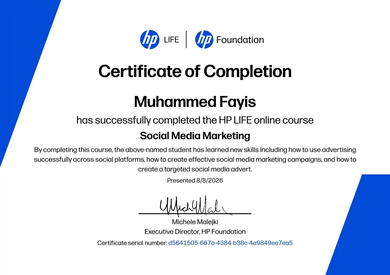 Social Media Marketing certificate by HP