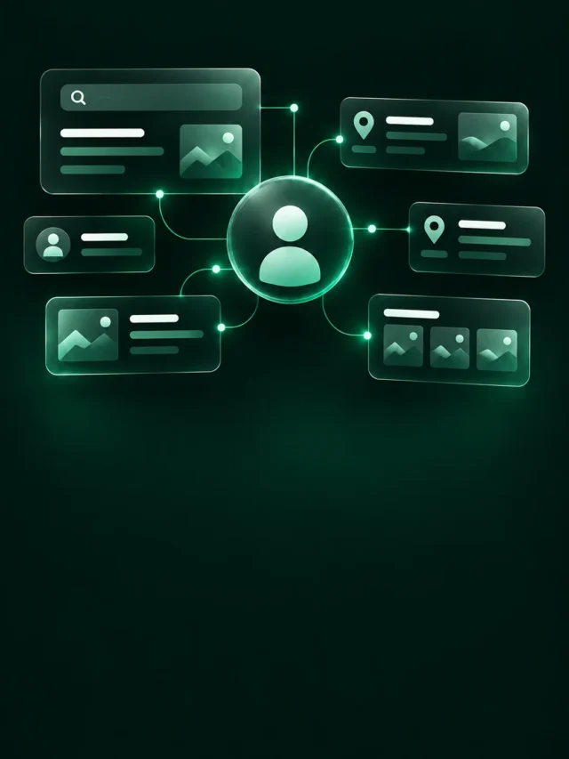 Abstract creator profile connecting articles and social content in emerald green